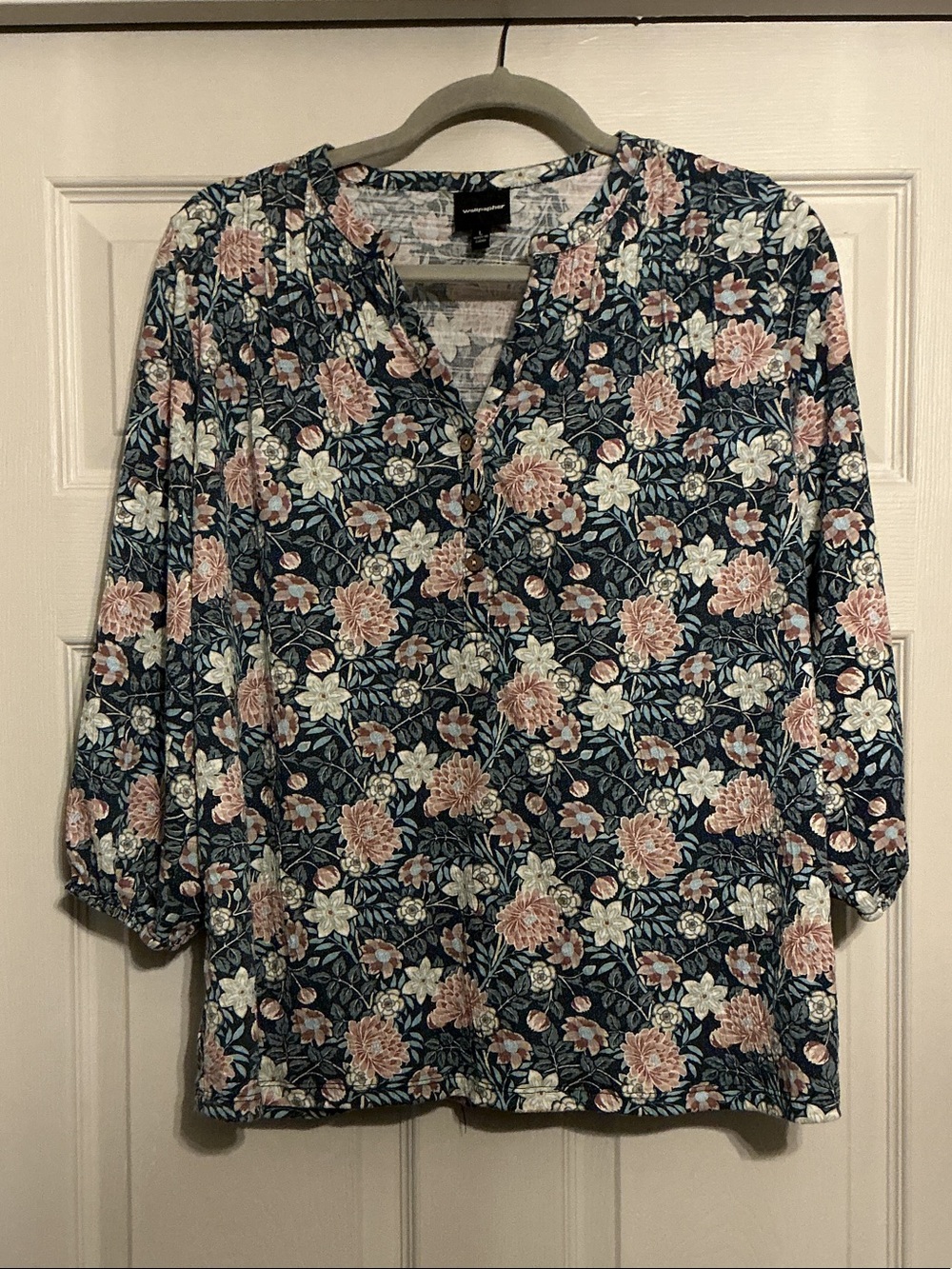 Wallpapher Navy Floral Split V-Neck Blouse with Pink and Cream Blooms